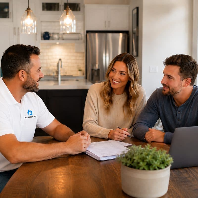 House Partner team member discussing home equity options with homeowners at their kitchen table